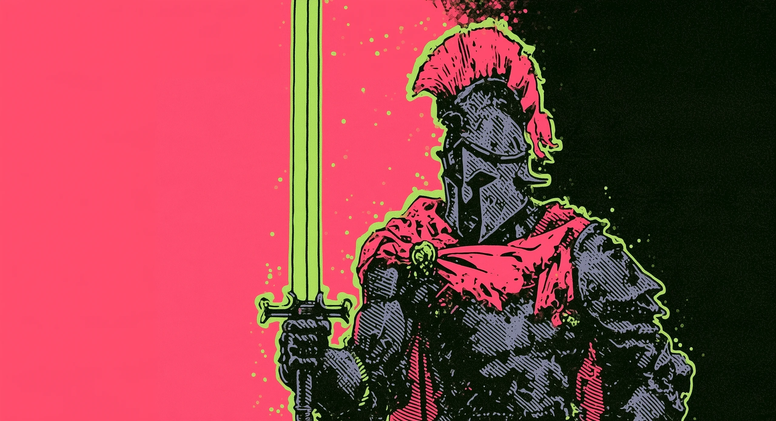 Fluorescent engraved guardian holding a vertical sword