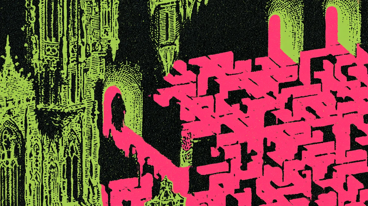Fluorescent engraved labyrinth connected to monumental architecture