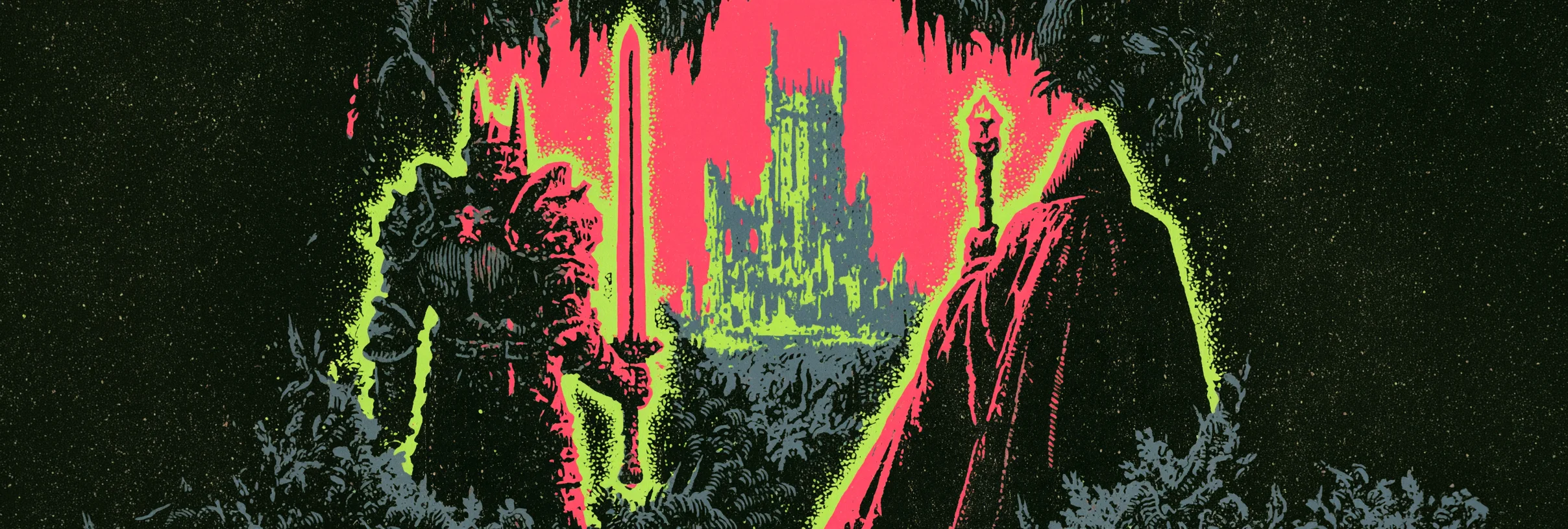A knight and wizard facing a distant castle, in neon woodcut